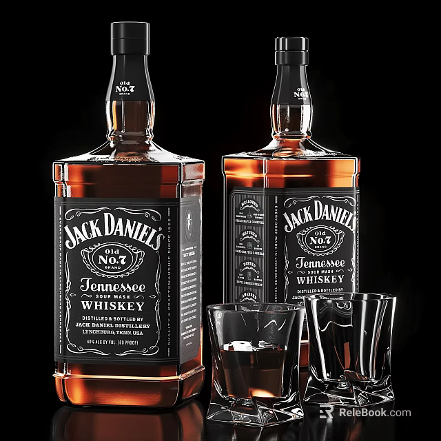 Jack Daniel's Tennessee Whiskey Bottles And Glasses With Drinks On 3d model 