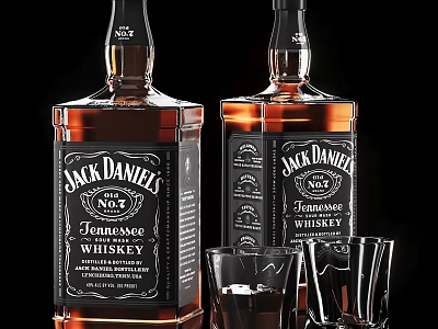 Jack Daniel's Tennessee Whiskey Bottles And Glasses With Drinks On 3d model