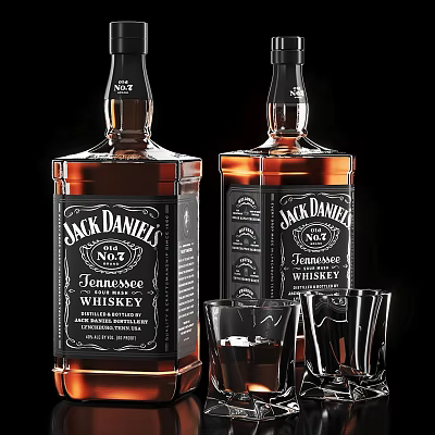 Jack Daniel's Tennessee Whiskey Bottles And Glasses With Drinks On 3d model