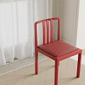 Red Single Chair With Leather Seat Slatted Back On Indoor Geometric Pattern Floor 3d model