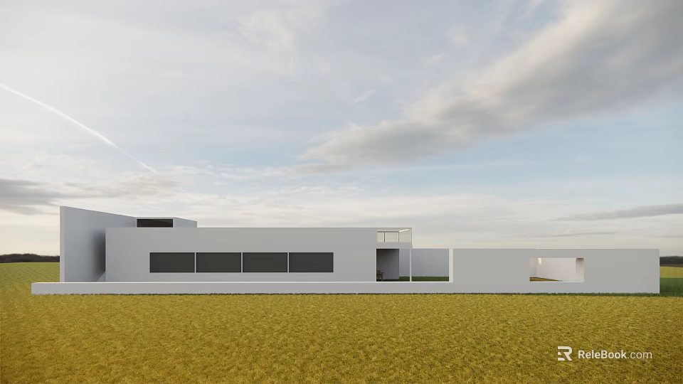 Modern Detached Villa Featuring White Exterior Large Windows Green Lawn And Blue Sky 3d model 