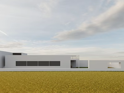 Modern Detached Villa Featuring White Exterior Large Windows Green Lawn And Blue Sky 3d model