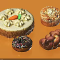 Carrot Cake With Cream Decorations Crumb Topped Muffin Chocolate Frosted Donut And Braided Bread