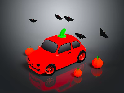 Red Car Decorated With Halloween Pumpkin On Roof Surrounded By Small Pumpkins And Flying Bats 3d model