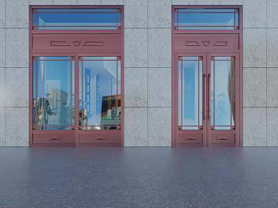 Modern Red Glass Double Doors On Gray Stone Wall Exterior Design 3d model