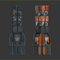 Three Futuristic Tower Structures With Gray Blue And Orange Geometric Layered Designs