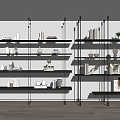 Modern Black Metal Frame Shelving Unit with Multiple Shelves and Decorative Items 3d model