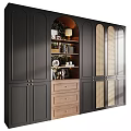 Wooden Chest of Drawers Under Arched Open Shelf With Black Wall and Grid Patterned Cabinets