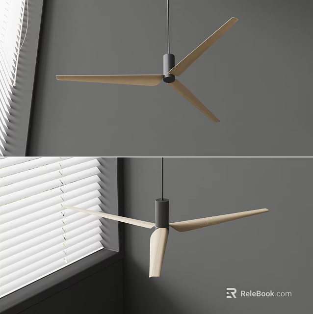 Modern Ceiling Fan With Wooden Blades And Gray Motor Near Window Blinds 3d model 