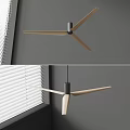 Modern Ceiling Fan With Wooden Blades And Gray Motor Near Window Blinds