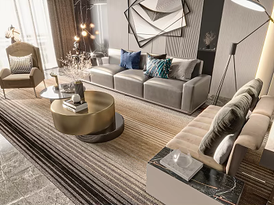 Elegant Modern Sofa Coffee Table Set With Decorative Pillows Area Rug And Wall Art 3d model