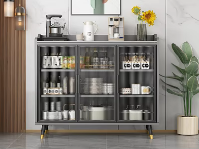 Modern Grey Sideboard With Glass Doors Kitchen Storage Appliances And Sunflower Decor 3d model