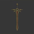 Golden ornate sword with star shaped decoration and slim blade displayed on dark background
