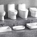 Modern Toilets Display In Bathroom With Multiple Basins And Gray Interior Design 3d model