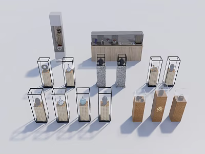 Varied Display Shelves With Glass Cases And Wooden Stands For Product 3d model
