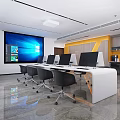 Modern Public Office Space Interior With Long Desks Multiple Computers Large Screen And Potted Plant 3d model