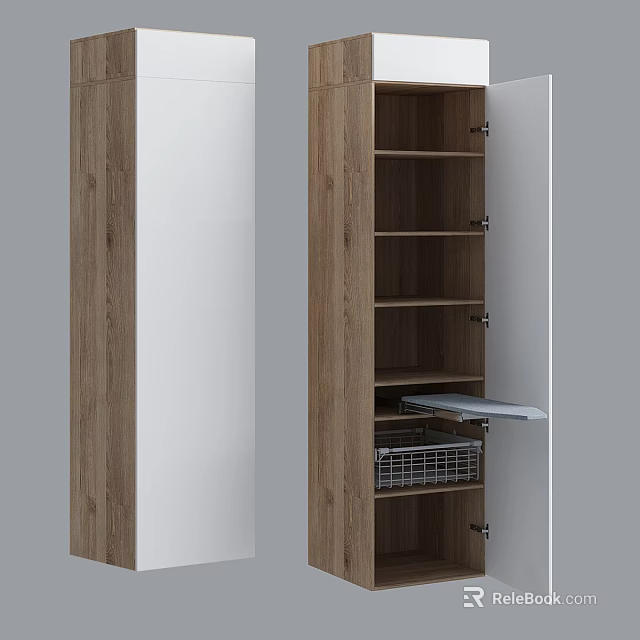 Modern Wooden Decorative Cabinet With White Panel Multiple Shelves Open Door And Metal Basket 3d model 