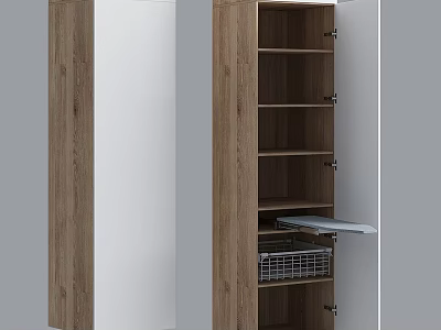 Modern Wooden Decorative Cabinet With White Panel Multiple Shelves Open Door And Metal Basket 3d model