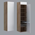 Modern Wooden Decorative Cabinet With White Panel Multiple Shelves Open Door And Metal Basket