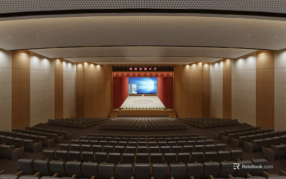 Modern Conference Room With Stage Large Screen Red Curtains And Arranged Seats 3d model 