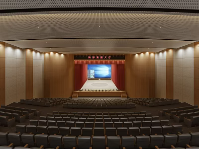 Modern Conference Room With Stage Large Screen Red Curtains And Arranged Seats 3d model