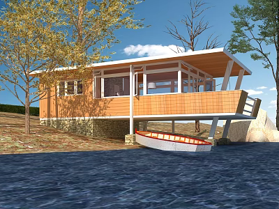 Wooden House with Large Windows and Veranda by Water with Moored Boat Near Trees 3d model