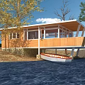 Wooden House with Large Windows and Veranda by Water with Moored Boat Near Trees