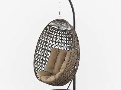 Egg Shaped Woven Rattan Hanging Chair With Beige Cushion And Black Metal Stand 3d model