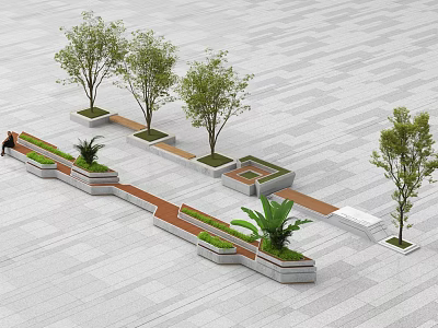 Modern Outdoor Landscape Design With Trees Benches Planters Green Plants And Pathway 3d model