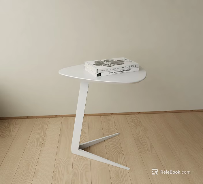 White Side Table with Round Top Z-Shaped Base and Stacked Books 3d model 