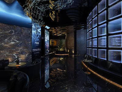 Modern Bar Interior Design With Sleek Marble Floor Ambient Lighting And Comfortable Sofa Seating 3d model