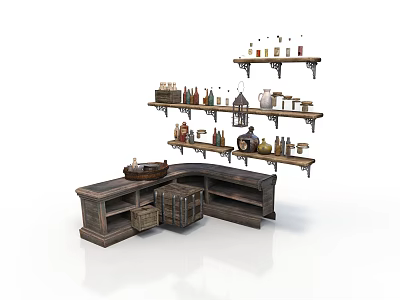 Wooden Corner Wall Shelves Adorned With Various Bottles And A Lantern 3d model
