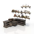 Wooden Corner Wall Shelves Adorned With Various Bottles And A Lantern