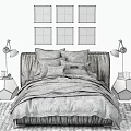 Double Bed With Leather Frame Linen Bedding Multiple Pillows Brick Wall And Metal Table Lamps