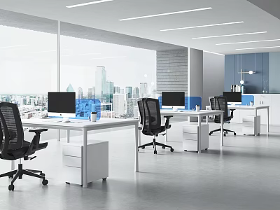 Modern Public Office Space With Open Layout Desks Ergonomic Chairs Computers And City View 3d model