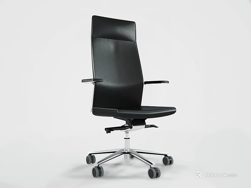 Black Leather Office Chair With High Back Armrests Silver Metal Base Wheels 3d model 