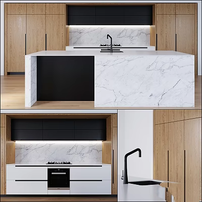 Modern Kitchen Interior With Wooden Cabinets Marble Island And Black Countertop 3d model