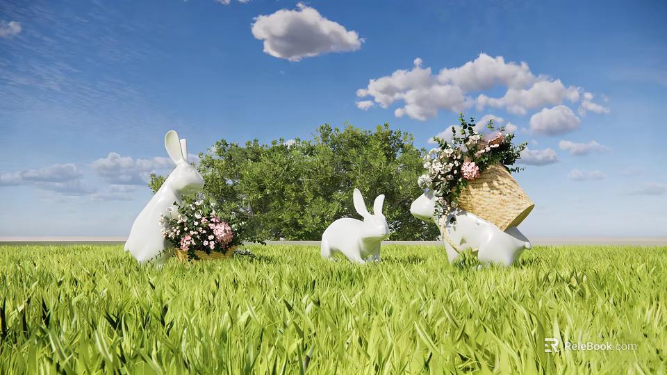 Landscape Sculptures White Rabbit Figures on Green Grassland with Flower Basket Trees and Blue Sky 3d model 