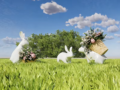 Landscape Sculptures White Rabbit Figures on Green Grassland with Flower Basket Trees and Blue Sky 3d model