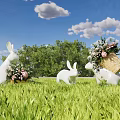 Landscape Sculptures White Rabbit Figures on Green Grassland with Flower Basket Trees and Blue Sky