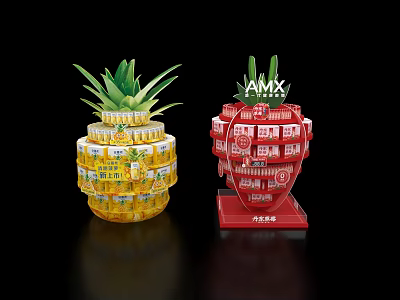 Pineapple Shaped Beverage Display Racks With Yellow And Red Stacked Cans And AMX Logo 3d model