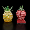 Pineapple Shaped Beverage Display Racks With Yellow And Red Stacked Cans And AMX Logo
