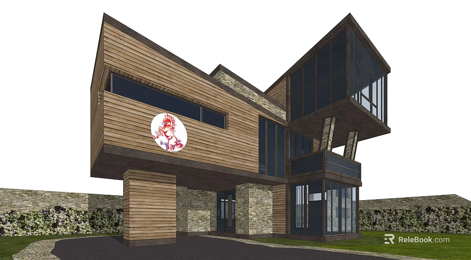 Modern Single Family House With Wooden Exterior Stone Elements And Large Glass Windows 3d model 