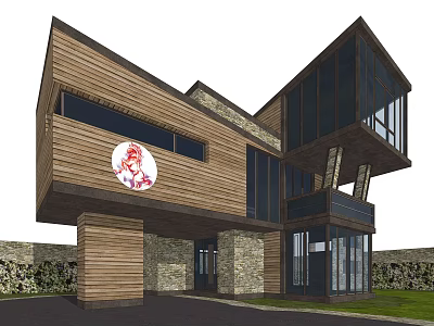 Modern Single Family House With Wooden Exterior Stone Elements And Large Glass Windows 3d model