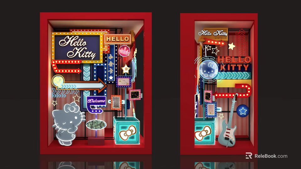 Hello Kitty Themed Window Display With Neon Signs Star Decorations And Guitar 3d model 