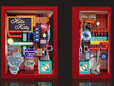 Hello Kitty Themed Window Display With Neon Signs Star Decorations And Guitar 3d model