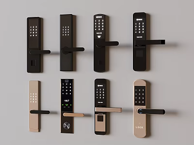 Modern Door Handles with Various Designs in Black and Beige Including Keypad Styles 3d model
