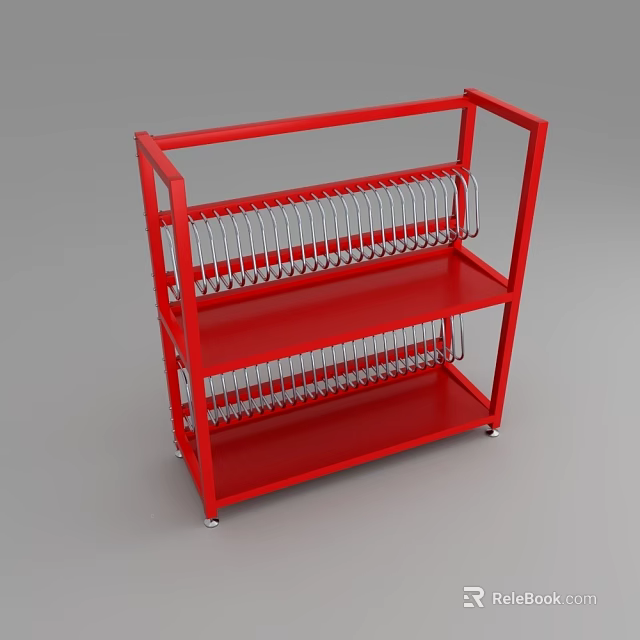 Red Open Storage Rack With Multi Tier Shelves And Metal Hooks On Wheels 3d model 
