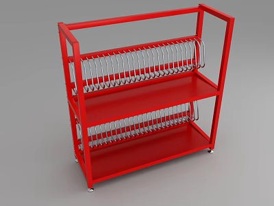 Red Open Storage Rack With Multi Tier Shelves And Metal Hooks On Wheels 3d model