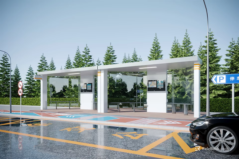 Modern Bus Stop With Glass Structure White Roof And Pine Trees Near Road Waiting Area 3d model 